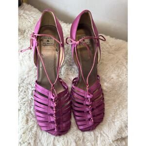 Vintage 1970s Woven Satin OOAK Fabric Ankle Tie Woman’s Pink Heels Funky Disco